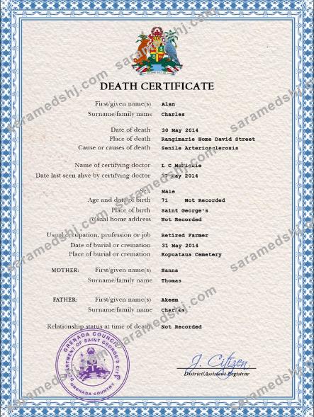 Grenada death certificate PSD template